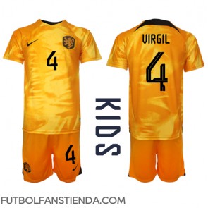 Países Bajos Virgil van Dijk #4 Primera Equipación Niños Mundial 2022 Manga Corta (+ Pantalones cortos)